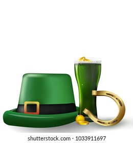 St.Patrick 's Day . St Patrick's Day green beer with shamrock and St Patrick's Day hat, horseshoe, gold coins on white background.