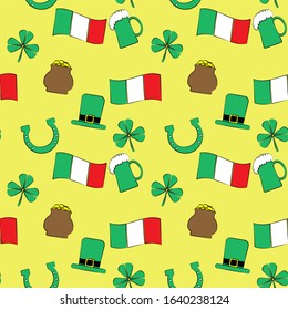 St.Patrick 's Day. Vector illustration. Seamless pattern. Irish symbols on a yellow isolated background. Can be used to decorate holiday packaging or wallpapers.