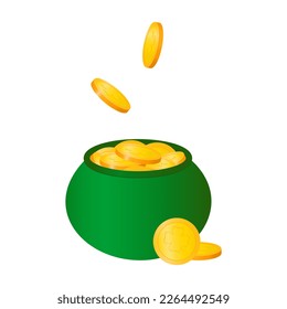 St.Patrick 's Day. Vector illustration. Green bowler hat with gold coins, clover.
