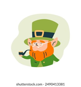 Día de San Patricio. Pegatina de Vector de un duende de dibujos animados con una pipa para fumar, bora, sombrero verde y gafas. Personaje de vacaciones irlandés en estilo plano, fondo aislado.