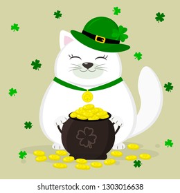 St.Patrick 's Day. White cat in a green hat Leprechaun holding a pot of gold coins, clover. Cartoon style, flat design. Vector illustration.