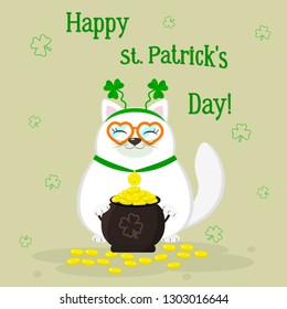 St.Patrick 's Day. A white cat in a green rim of clover holds a pot of gold coins, a ribbon and a medal. Cartoon style, flat design. Vector illustration.