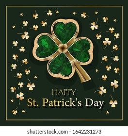 
St.Patrick 's Day.CLOVER SHEET on a green background. JEWELERY. Golden clover. Chic postcard for Saint Patricks Day