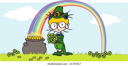 St-Patrick scene with Rainbow, clovers and cauldron