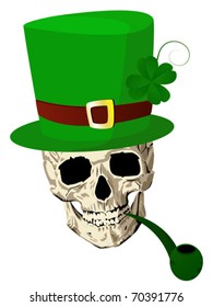 St.Patrick skull with four leaves clover hat and pipe