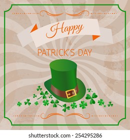 St.Patrick's Day abstract background with clover leaves and leprechaun hat. Vector illustration.