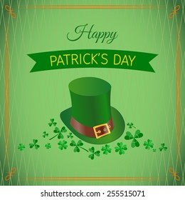 St.Patrick's Day abstract background with clover leaves and leprechaun hat. Vector illustration.