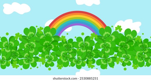 St.Patricks Tageshintergrund mit Kleeblättern und Regenbogen am blauen Himmel mit Wolken. Nahtloses Muster mit grünen Shamrocks und Regenbogen. Irisches Urlaubskonzept, Vektorgrafik