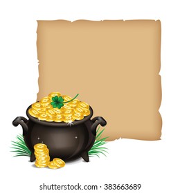 St.Patrick's Day background with Pot Of Gold, Magical Treasure. Vector illustration