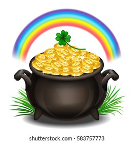 St.Patrick's Day background with Pot Of Gold, Magical Treasure, St. Patrick's Day symbol. Vector illustration