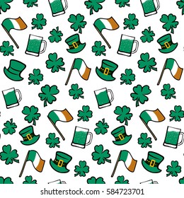 St.Patricks Day background. Seamless pattern with clover, leprechaun hat, beer mug and irish flag