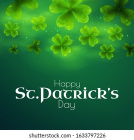 St'Patricks Day background with shamrock, lucky clover leaves, lights and blurred fog.