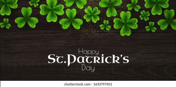 St'Patricks Day background with shamrock, lucky clover leaves and wood texture.