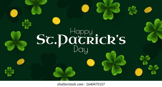 St'Patricks Day background with shamrock, lucky clover leaves and coins.