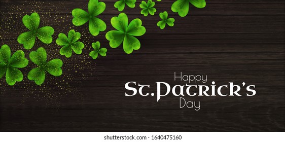 St'Patricks Day background with shamrock, lucky clover leaves and wood texture.