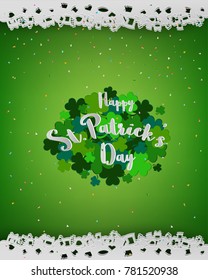 St.Patrick's Day background,design element with lettering on green clover,paper cut out style,vector illustration