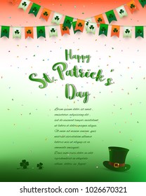 St.Patrick's Day background,design with lettering,confetti and bunting in irish colors,for invitation,greeting card,poster or banner,vector illustration