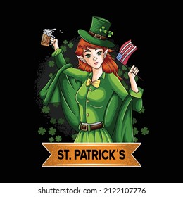 St.Patrick's Day Beautiful Girl carrying beer and United States flag