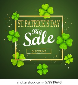 St.Patrick's day big sale background, poster template.Green abstract background with  clovers leaves ornaments.March 17.Vector illustration.