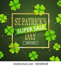 St.Patrick's day big sale background, poster template.Green abstract background with  clovers leaves ornaments.March 17.Vector illustration.