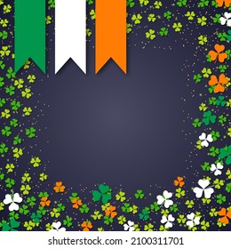 St.Patrick's Day black vector background with clover leaves and Irish flag ribbons