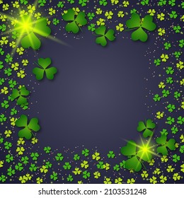 St.Patrick's Day black vector background with green clover leaves