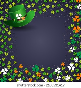 St.Patrick's Day black vector background with clover leaves and leprechaun hat