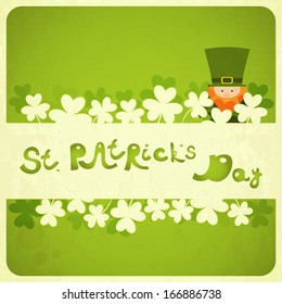 St.Patrick's Day Card with Shamrock and Leprechaun. Hand Lettering. Vector Illustration.