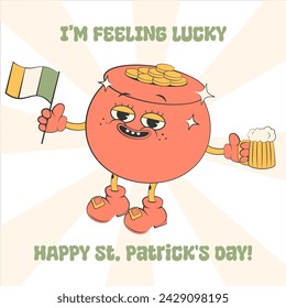 St.Patrick's Day card,flyer, print or poster.Pot with gold coins,flag and beer.Funky 00s Y2k retro aesthetic.Patrick concept.Vector illustration EPS 10
