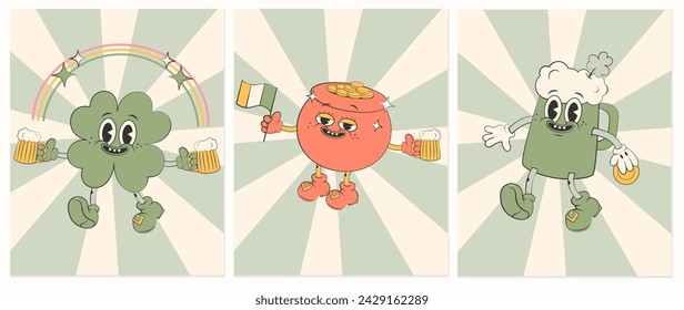 Tarjetas del día de San Patricio, conjunto de volantes. Olla con oro y bandera, trébol de cuatro hojas con arco iris, cerveza verde, otros símbolos de vacaciones. Funky 00s Y2k estética retro. Concepto de Patrick. Ilustración vectorial EPS 10