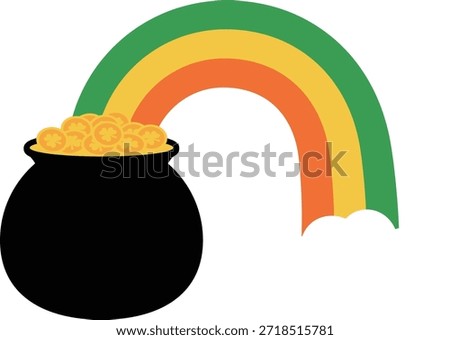 St.Patrick's Day cauldron and Rainbow flat vector illustration.
Black Money pot full of coins and rainbow design isolated.
Transparent background.