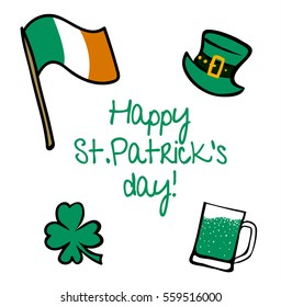 St.Patricks Day collection. Set of hand-drawn icons with greetings isolated on white