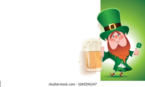 St.Patrick's Day concept.Leprechaun toasted with beer mug next to blank white signboard isolated on a green background.Empty place for text.Vector illustration.