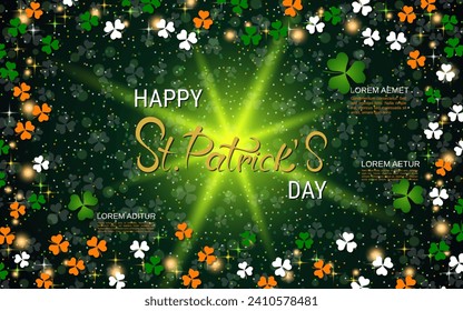 St.Patrick's Day elegant vector illustration. Green background with colorful clover leaves