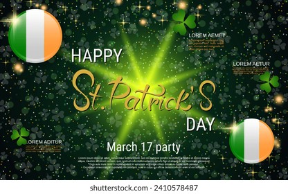 St.Patrick's Day elegant vector illustration. Green background with colorful clover leaves