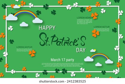 St.Patrick's Day elegant vector illustration. Green background with colorful clover leaves