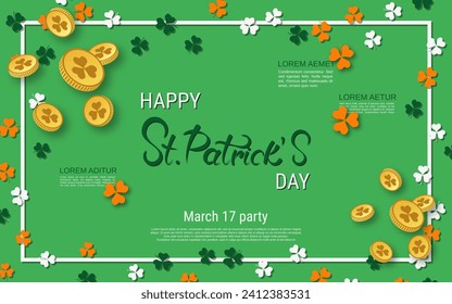 St.Patrick's Day elegant vector illustration. Green background with colorful clover leaves