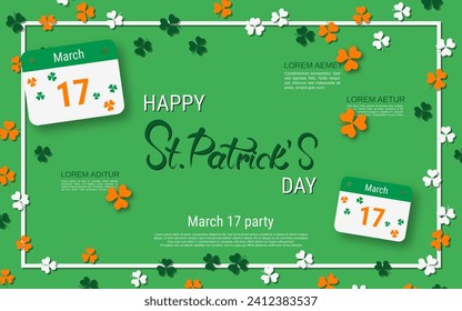 St.Patrick's Day elegant vector illustration. Green background with colorful clover leaves