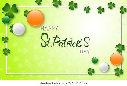 St.Patrick's Day elegant vector illustration. Green blurred background with clover leaves and design elements