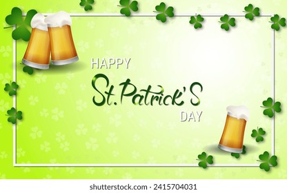 St.Patrick's Day elegant vector illustration. Green blurred background with clover leaves and design elements