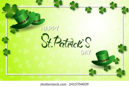 St.Patrick's Day elegant vector illustration. Green blurred background with clover leaves and design elements