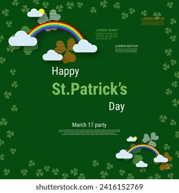 St.Patrick's Day elegant vector illustration. Green background with clover leaves and design elements