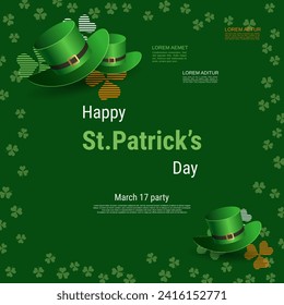 St.Patrick's Day elegant vector illustration. Green background with clover leaves and design elements