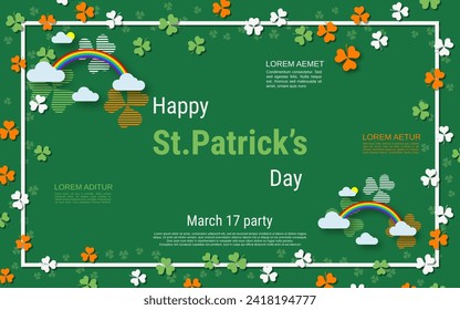 St.Patrick's Day elegant vector illustration. Green background with clover leaves and design elements