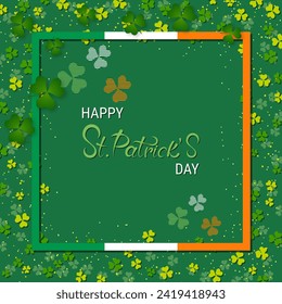 St.Patrick's Day elegant vector illustration. Green background with clover leaves and design elements