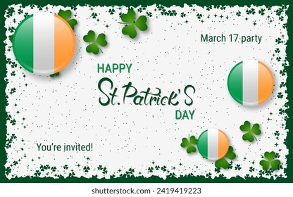 St.Patrick's Day elegant vector illustration. White background with clover leaves and design elements