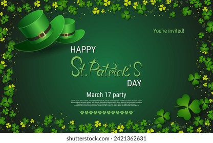 St.Patrick's Day elegant vector illustration. Green background with clover leaves and design elements