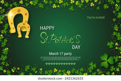 St.Patrick's Day elegant vector illustration. Green background with clover leaves and design elements