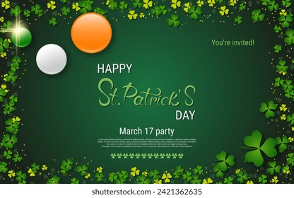 St.Patrick's Day elegant vector illustration. Green background with clover leaves and design elements