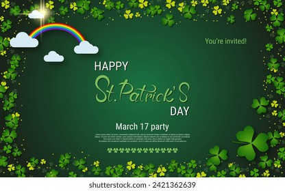 St.Patrick's Day elegant vector illustration. Green background with clover leaves and design elements